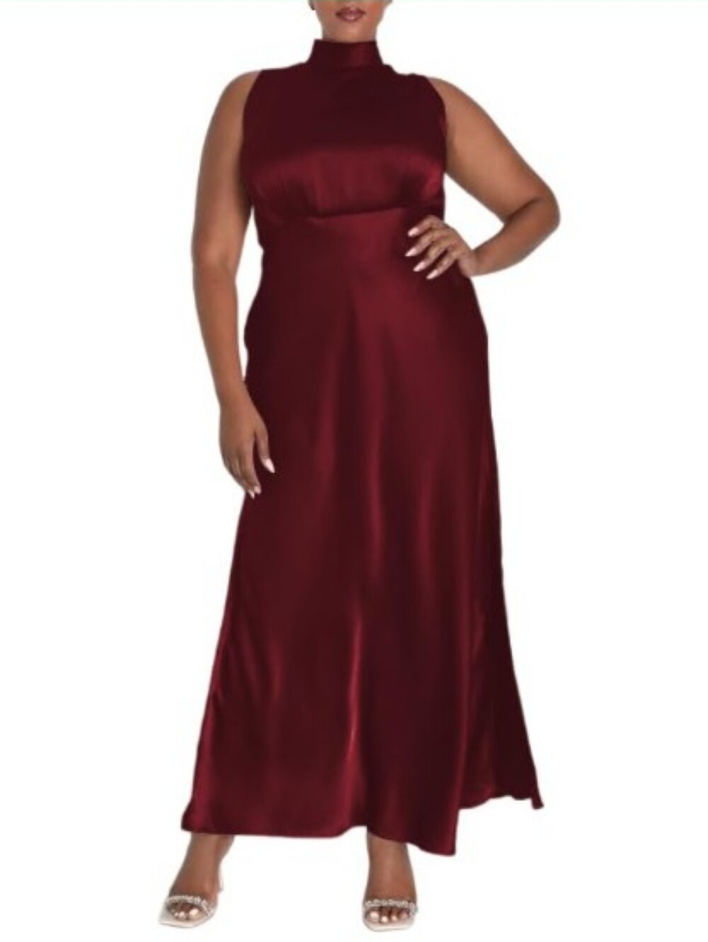 Sleeveless High-Neck Satin Maxi Dress in Burgundy
